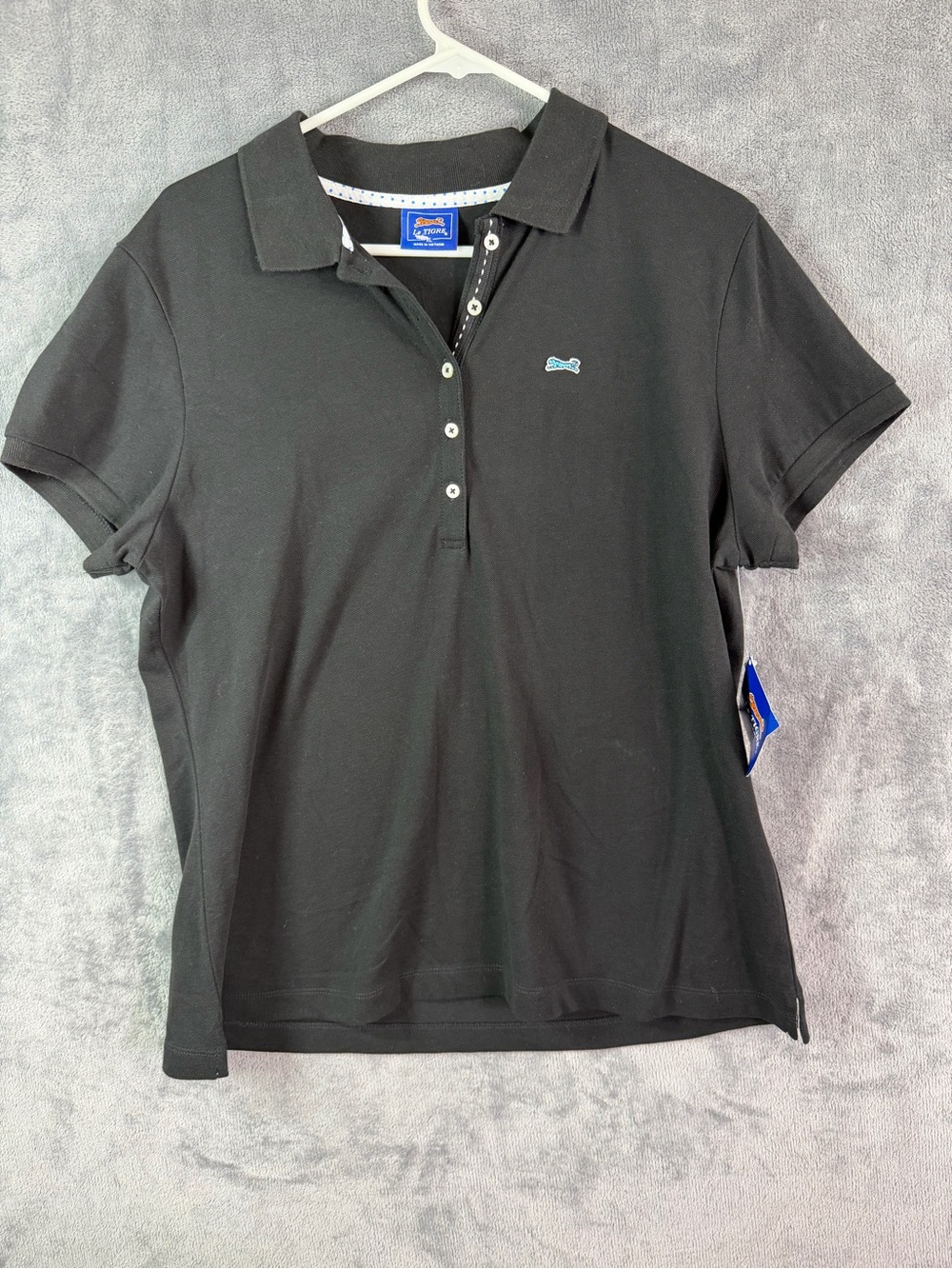Le Tigre Women Black Pima Cotton Polo Shirt X Large NWT Classic Logo